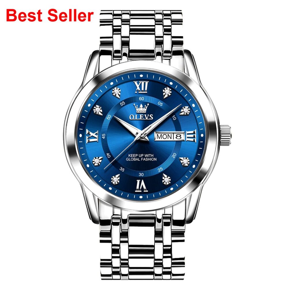 Stainless Steel Watch With Roman Numerals Diamond Accents Day Date